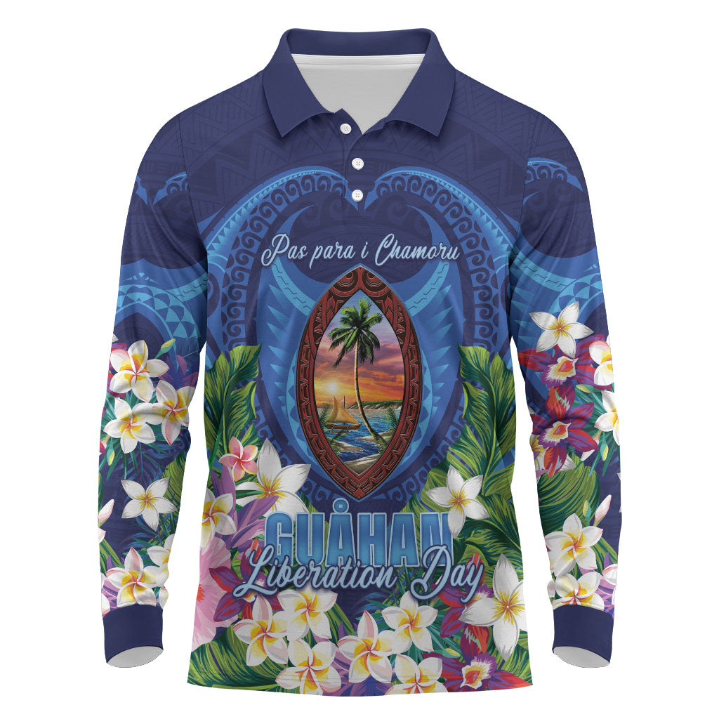 Guam Liberation Day Long Sleeve Polo Shirt Pas Para I Chamoru LT05 Navy - Polynesian Pride