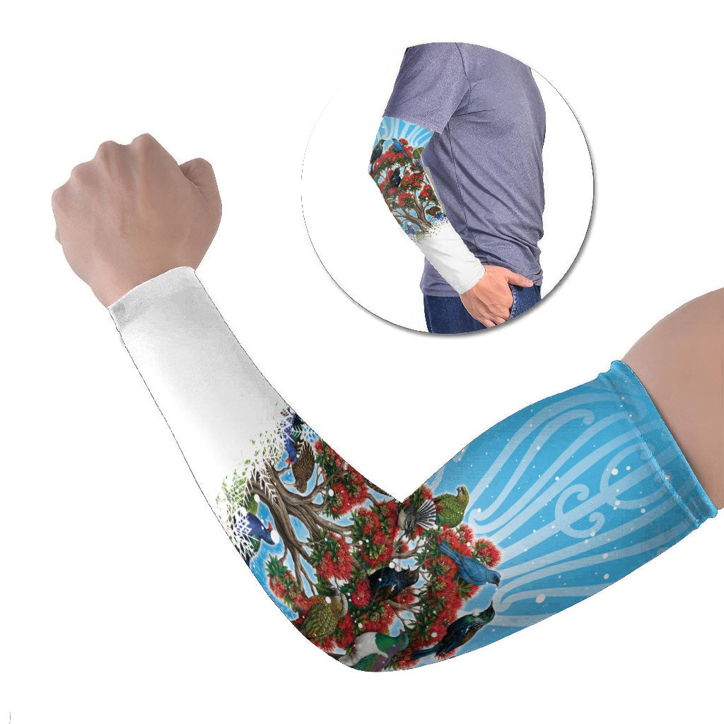 New Zealand Birds Christmas Arm Sleeves Pohutukawa Xmas Tree LT05 Set of 2 Blue - Polynesian Pride