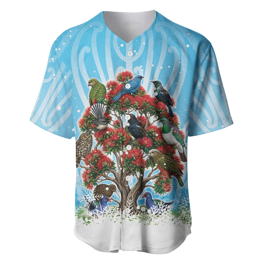 New Zealand Birds Christmas Baseball Jersey Pohutukawa Xmas Tree LT05 Blue - Polynesian Pride