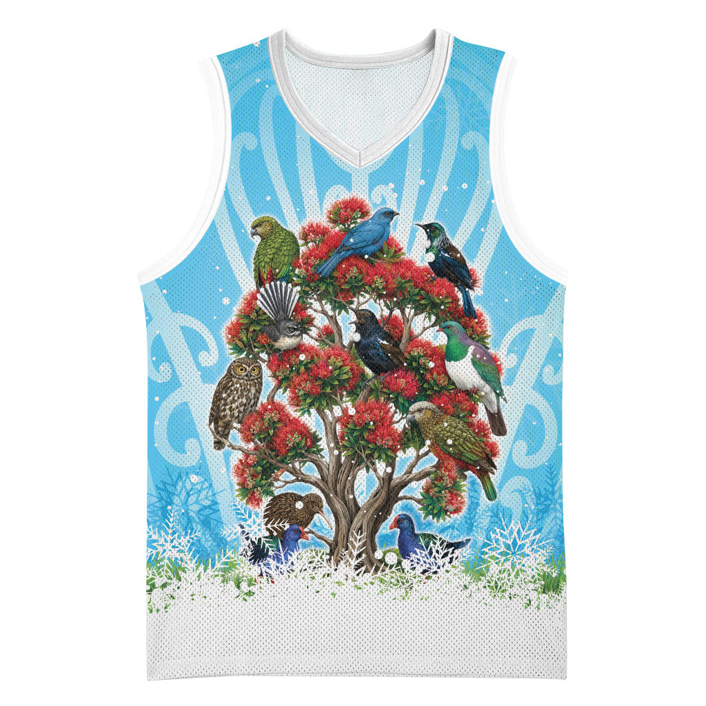 New Zealand Birds Christmas Basketball Jersey Pohutukawa Xmas Tree LT05 Unisex Blue - Polynesian Pride