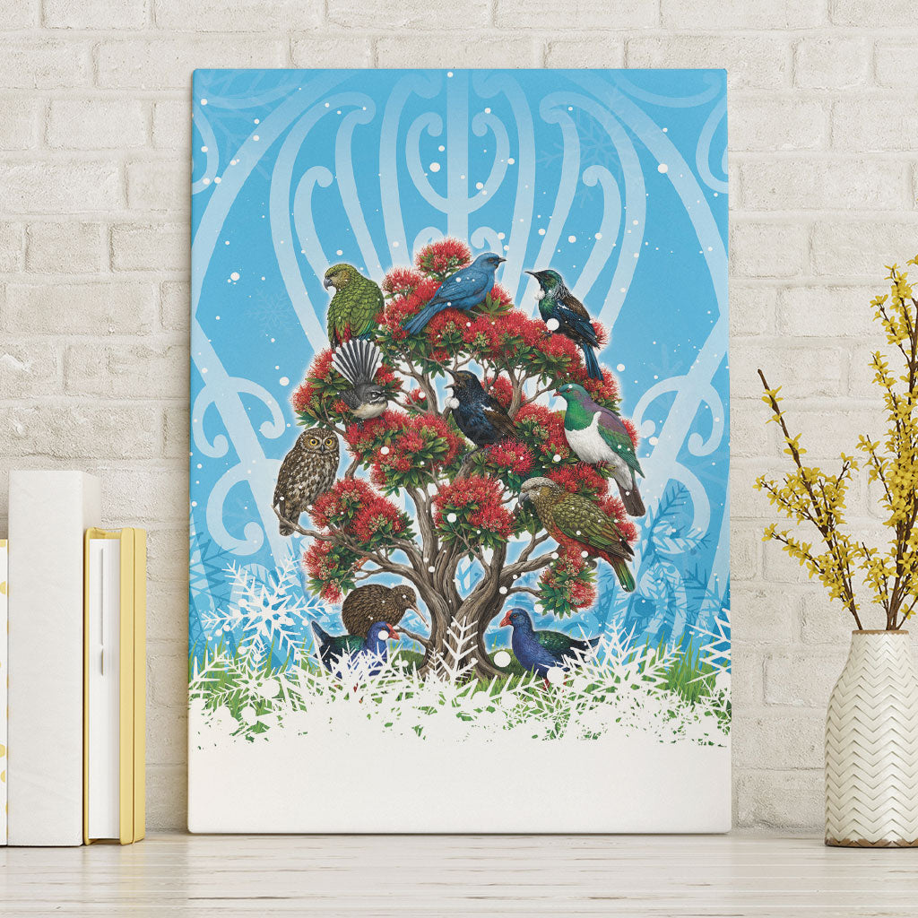 New Zealand Birds Christmas Canvas Wall Art Pohutukawa Xmas Tree LT05 Without Frame Blue - Polynesian Pride