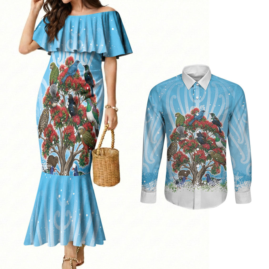 New Zealand Birds Christmas Couples Matching Mermaid Dress and Long Sleeve Button Shirt Pohutukawa Xmas Tree LT05 Blue - Polynesian Pride