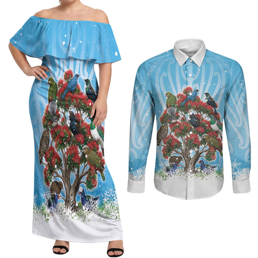 New Zealand Birds Christmas Couples Matching Off Shoulder Maxi Dress and Long Sleeve Button Shirt Pohutukawa Xmas Tree LT05 Blue - Polynesian Pride