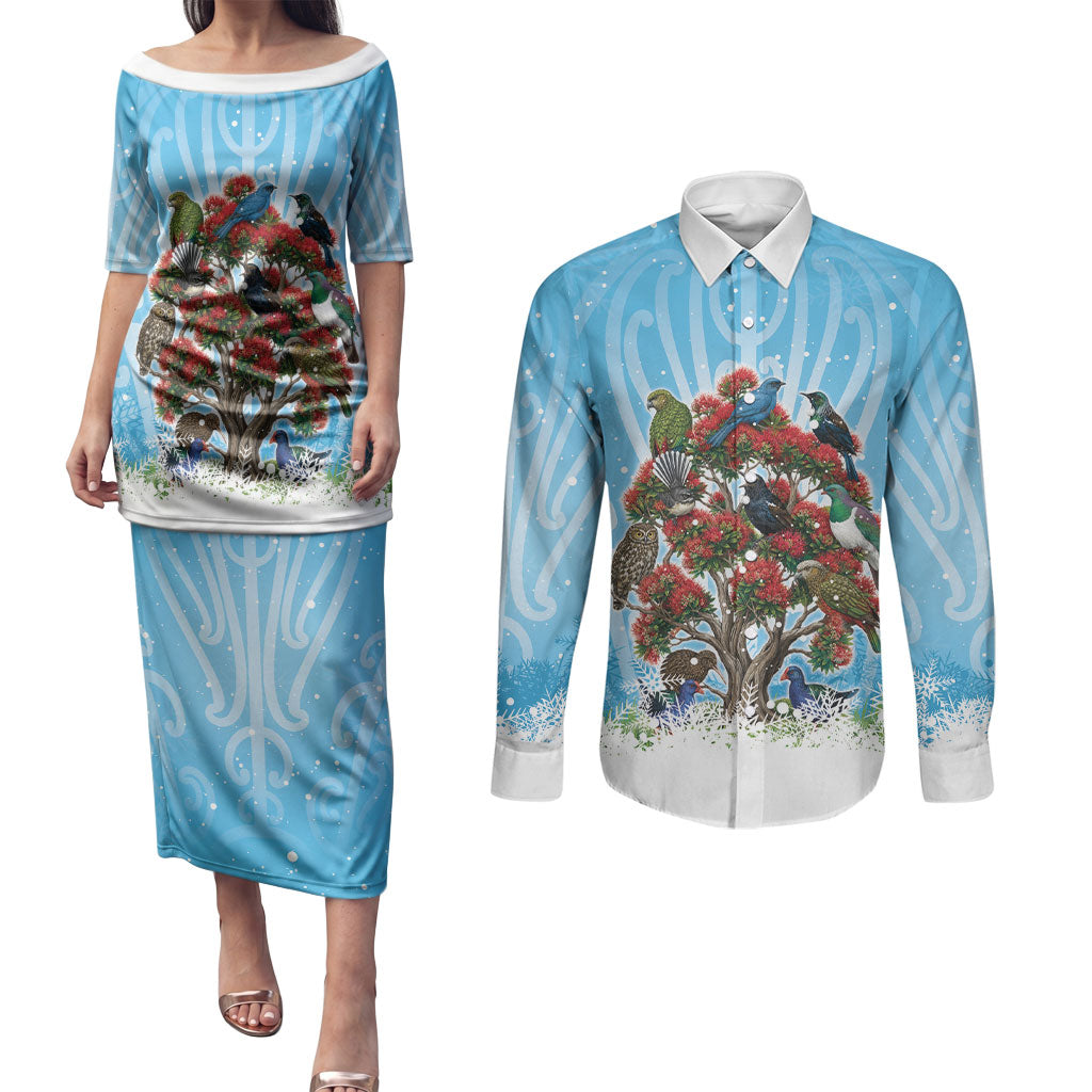 New Zealand Birds Christmas Couples Matching Puletasi and Long Sleeve Button Shirt Pohutukawa Xmas Tree LT05 Blue - Polynesian Pride
