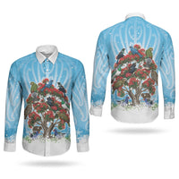 New Zealand Birds Christmas Couples Matching Puletasi and Long Sleeve Button Shirt Pohutukawa Xmas Tree