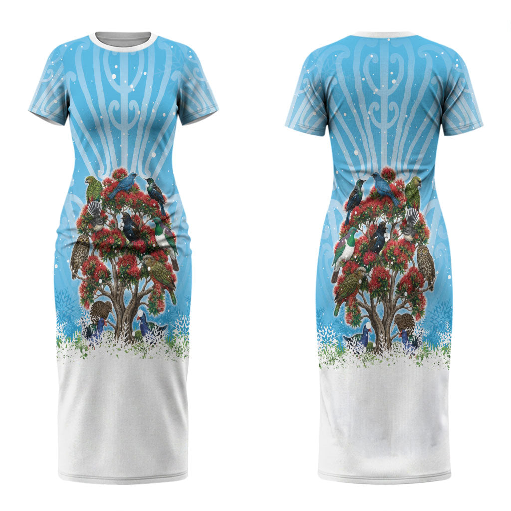New Zealand Birds Christmas Couples Matching Short Sleeve Bodycon Dress and Long Sleeve Button Shirt Pohutukawa Xmas Tree