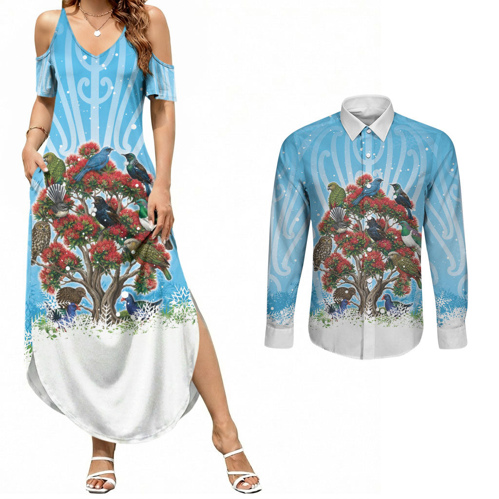New Zealand Birds Christmas Couples Matching Summer Maxi Dress and Long Sleeve Button Shirt Pohutukawa Xmas Tree LT05 Blue - Polynesian Pride