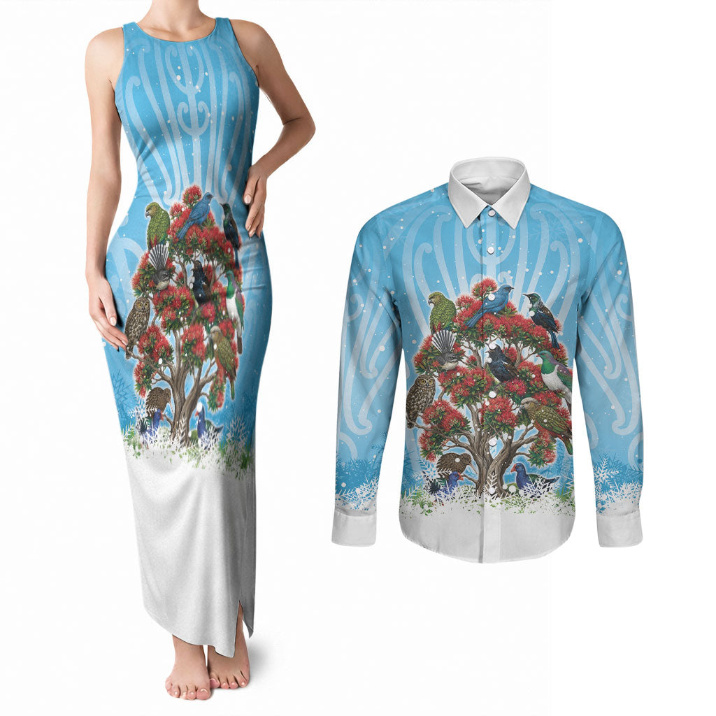 New Zealand Birds Christmas Couples Matching Tank Maxi Dress and Long Sleeve Button Shirt Pohutukawa Xmas Tree LT05 Blue - Polynesian Pride