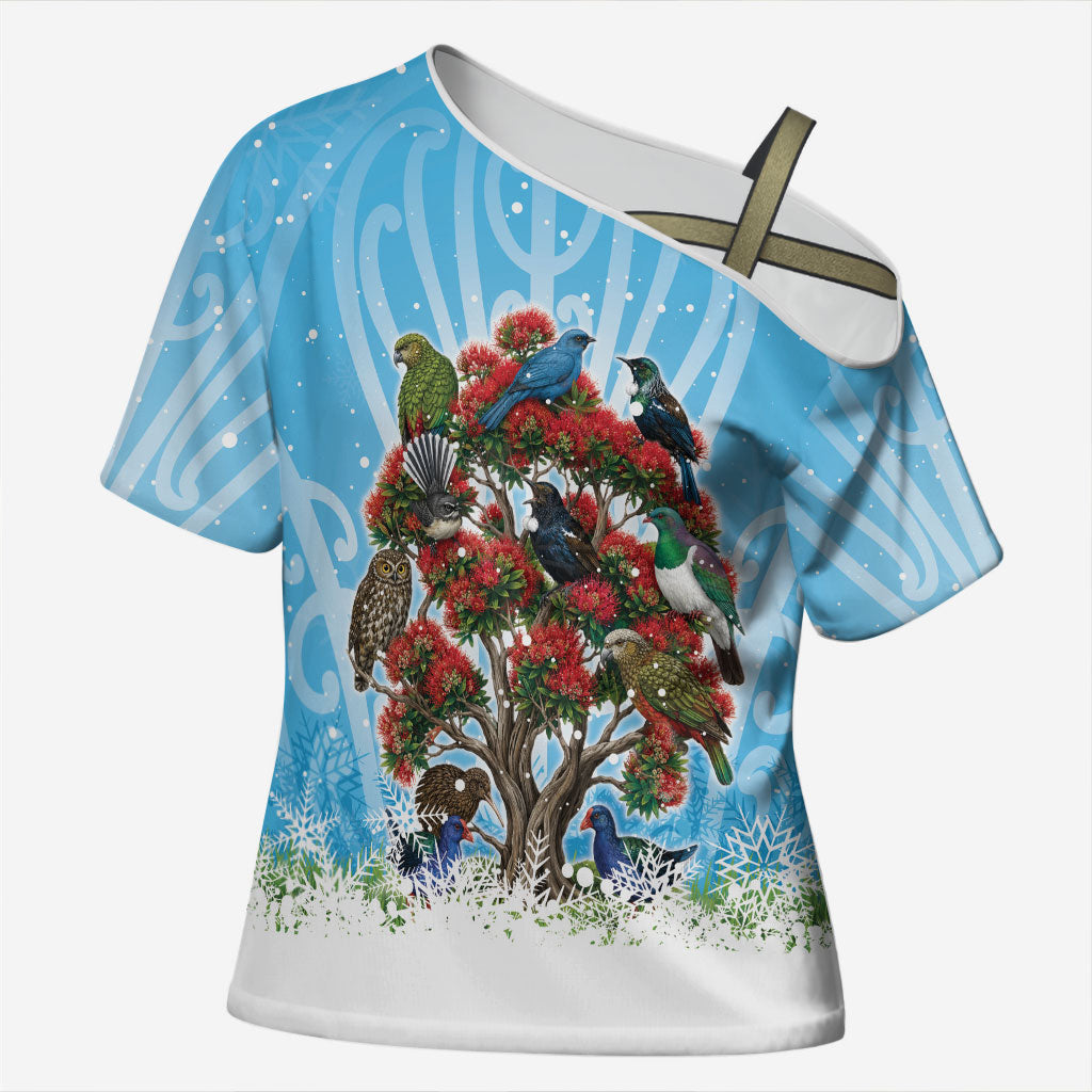 New Zealand Birds Christmas Cross Shoulder Shirt Pohutukawa Xmas Tree LT05 Female Blue - Polynesian Pride