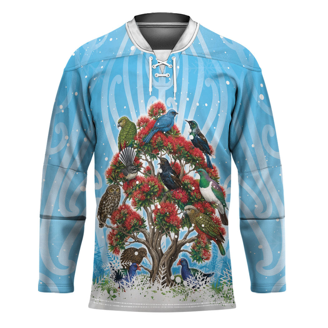 New Zealand Birds Christmas Hockey Jersey Pohutukawa Xmas Tree LT05 Unisex Blue - Polynesian Pride