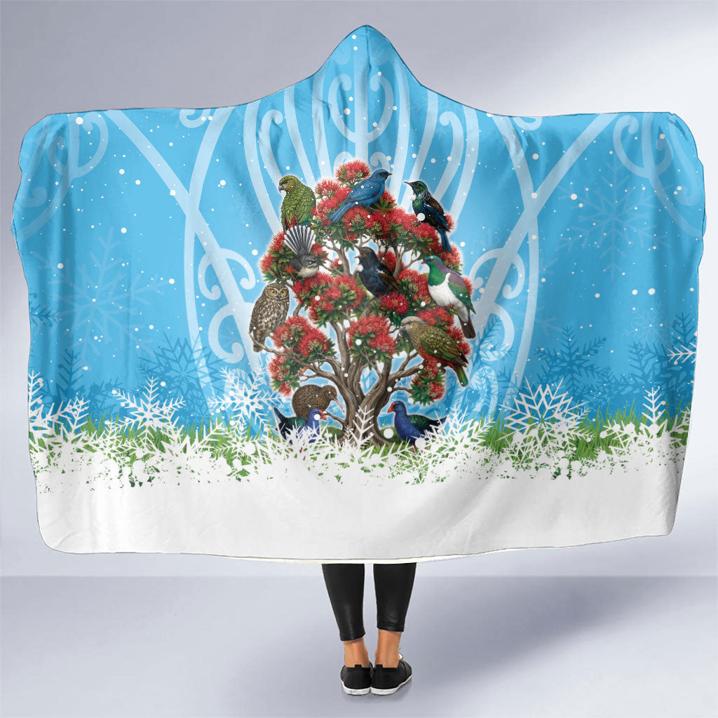 New Zealand Birds Christmas Hooded Blanket Pohutukawa Xmas Tree LT05 One Size Blue - Polynesian Pride