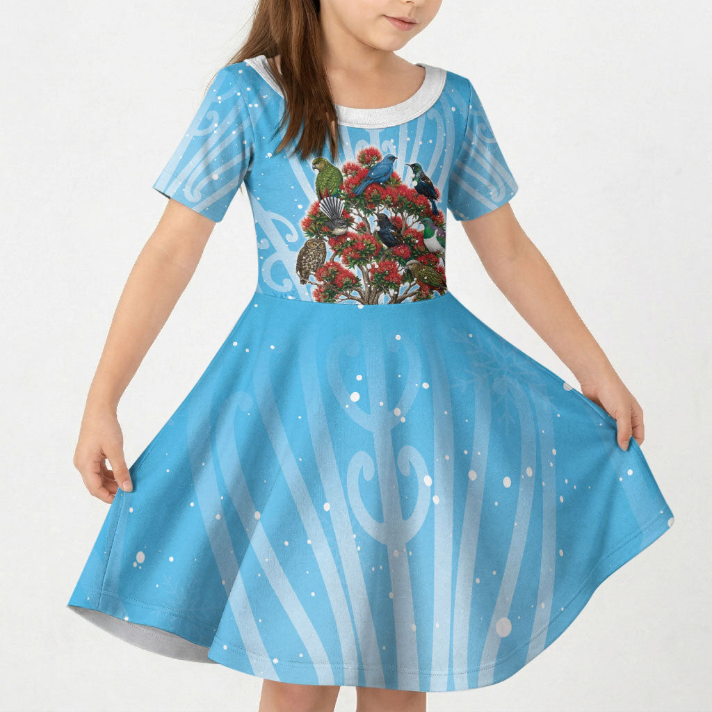 New Zealand Birds Christmas Kid Short Sleeve Dress Pohutukawa Xmas Tree LT05 KID Blue - Polynesian Pride