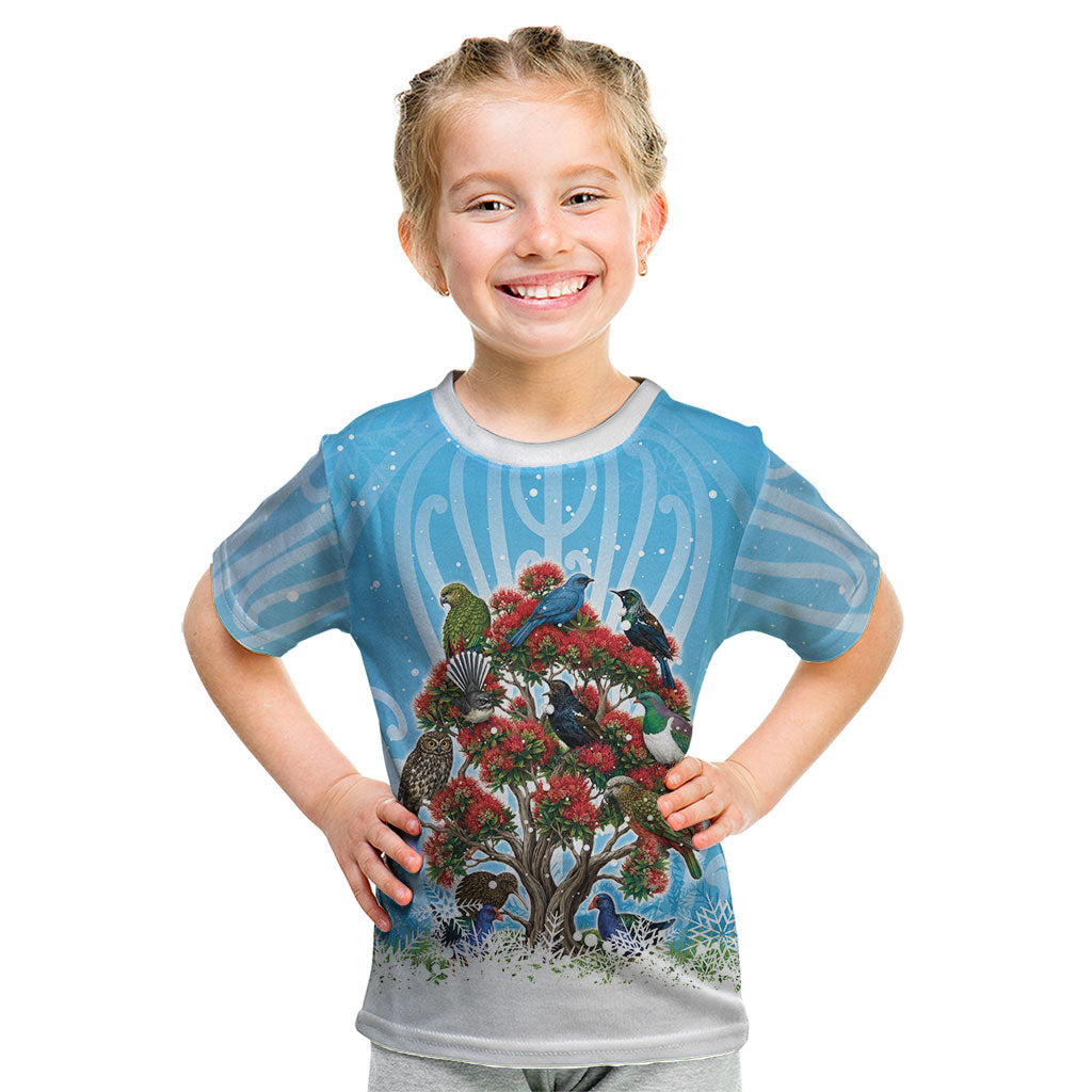 New Zealand Birds Christmas Kid T Shirt Pohutukawa Xmas Tree LT05 Blue - Polynesian Pride