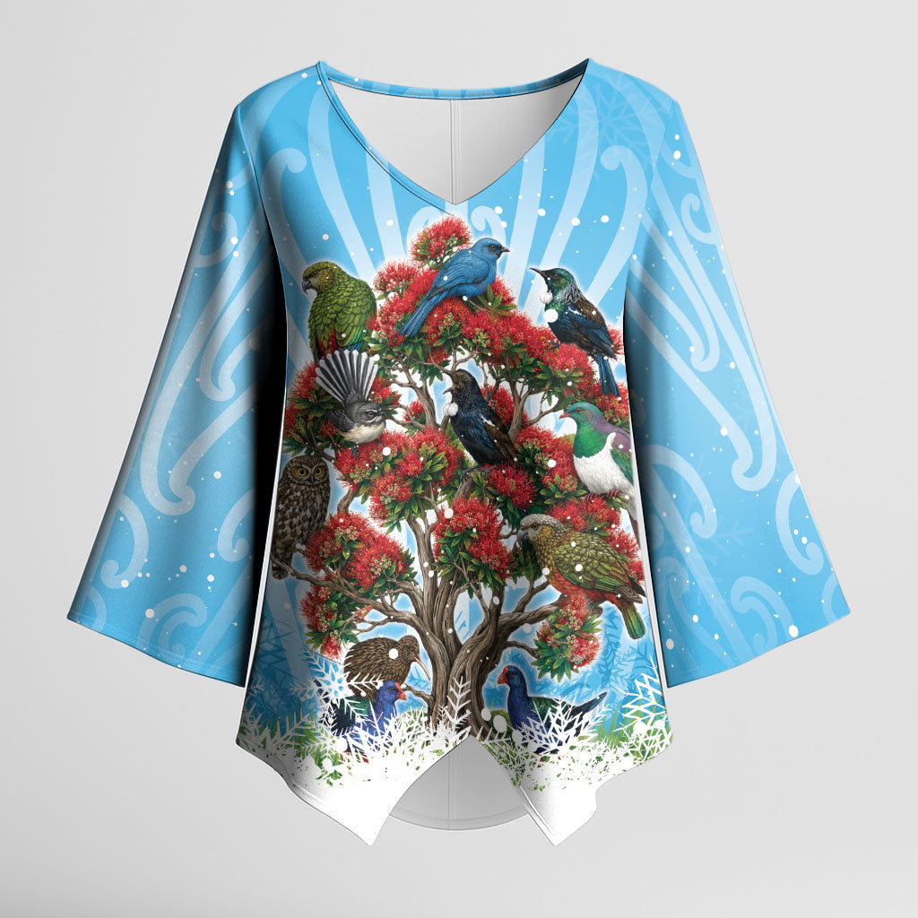 New Zealand Birds Christmas Kimono Sleeve Blouse Pohutukawa Xmas Tree LT05 Female Blue - Polynesian Pride