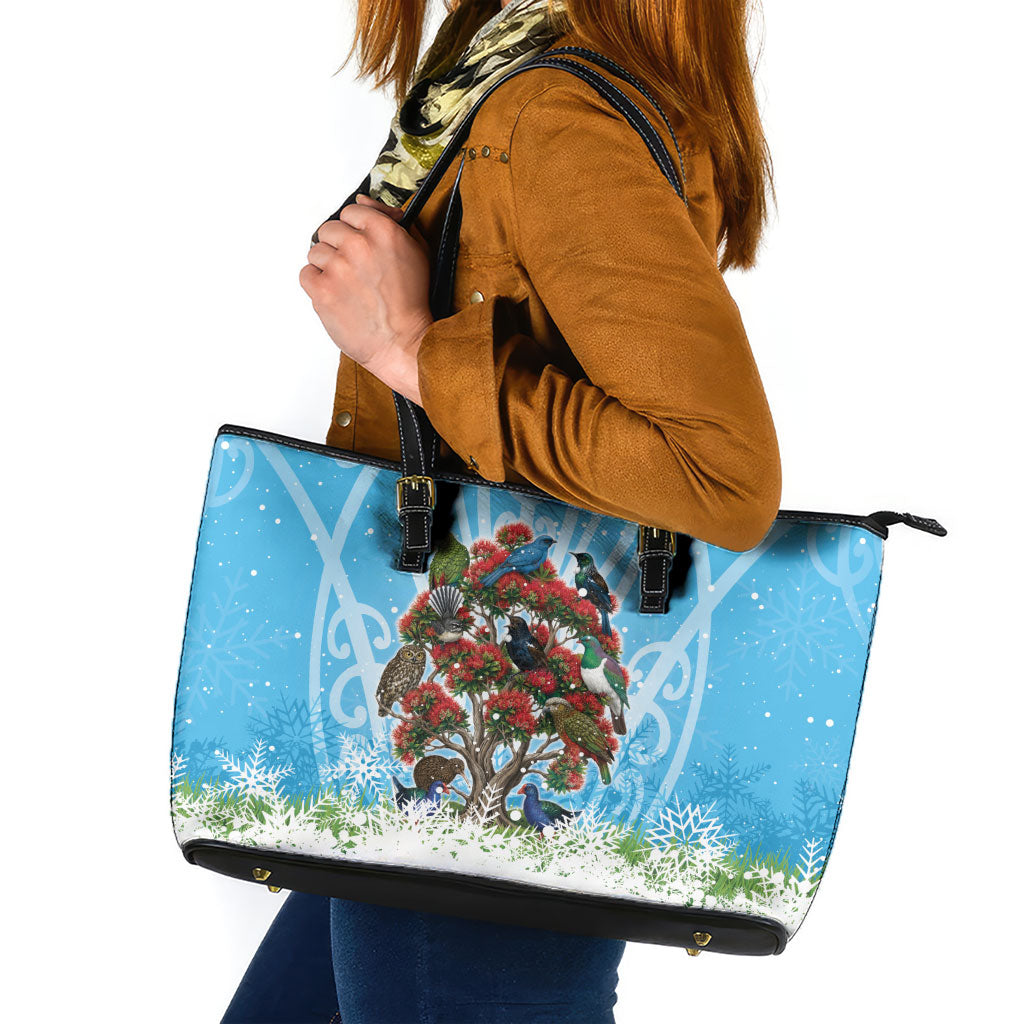 New Zealand Birds Christmas Leather Tote Bag Pohutukawa Xmas Tree LT05 Blue - Polynesian Pride