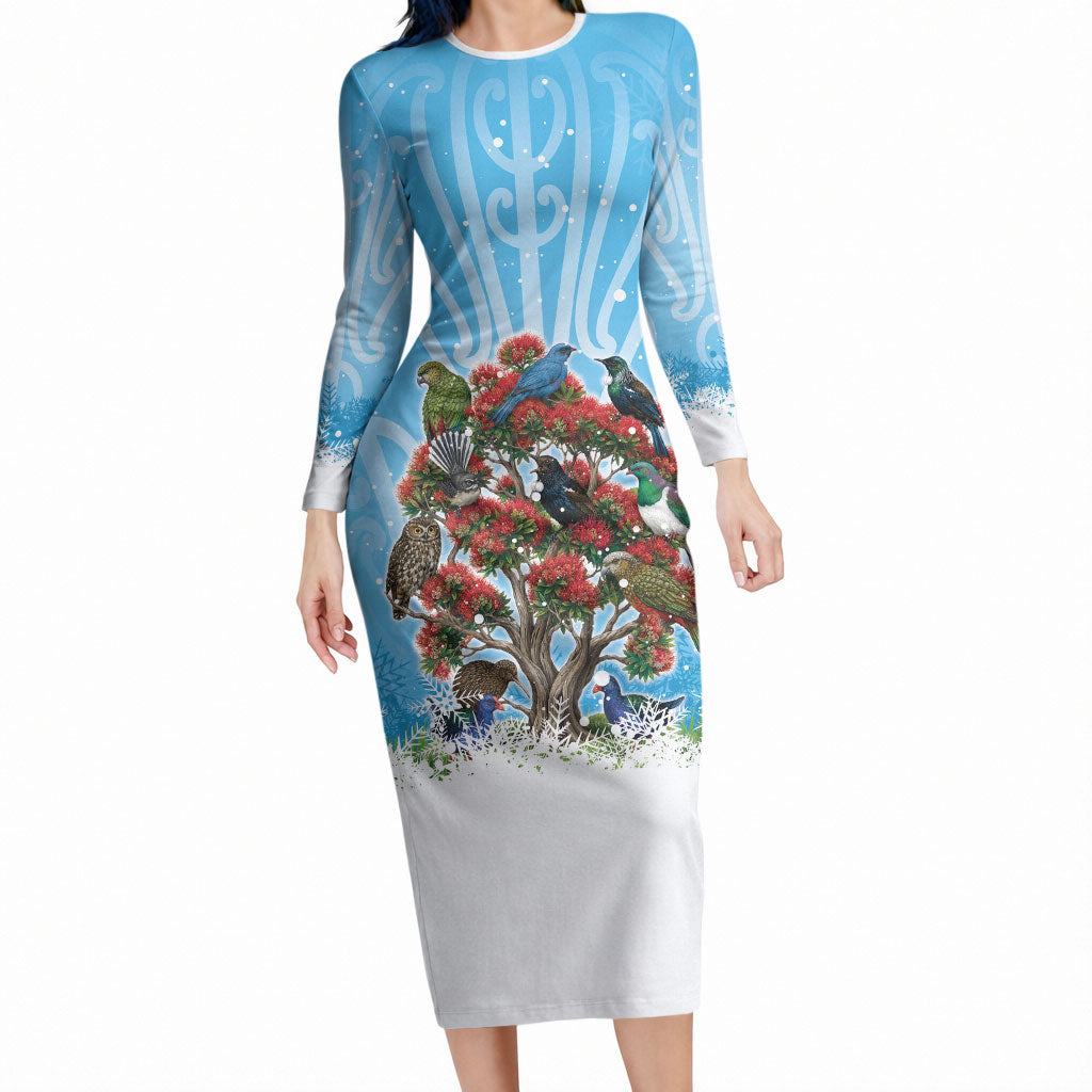 New Zealand Birds Christmas Long Sleeve Bodycon Dress Pohutukawa Xmas Tree LT05 Long Dress Blue - Polynesian Pride