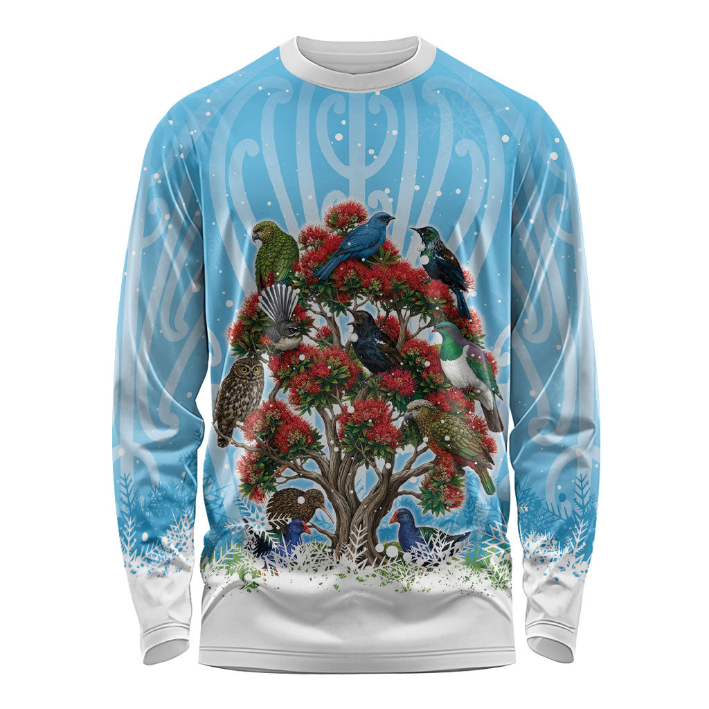 New Zealand Birds Christmas Long Sleeve Shirt Pohutukawa Xmas Tree LT05 Unisex Blue - Polynesian Pride