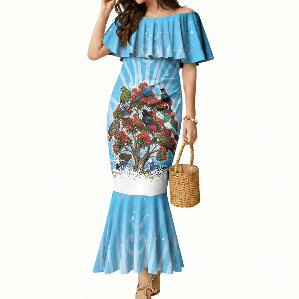 New Zealand Birds Christmas Mermaid Dress Pohutukawa Xmas Tree LT05 Women Blue - Polynesian Pride