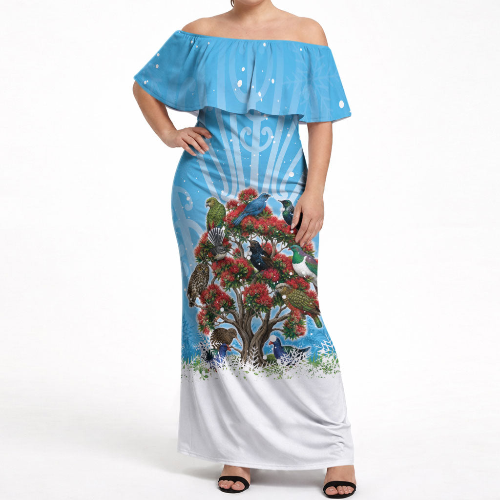 New Zealand Birds Christmas Off Shoulder Maxi Dress Pohutukawa Xmas Tree LT05 Women Blue - Polynesian Pride