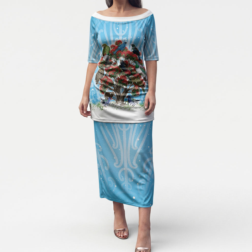 New Zealand Birds Christmas Puletasi Pohutukawa Xmas Tree LT05 Long Dress Blue - Polynesian Pride