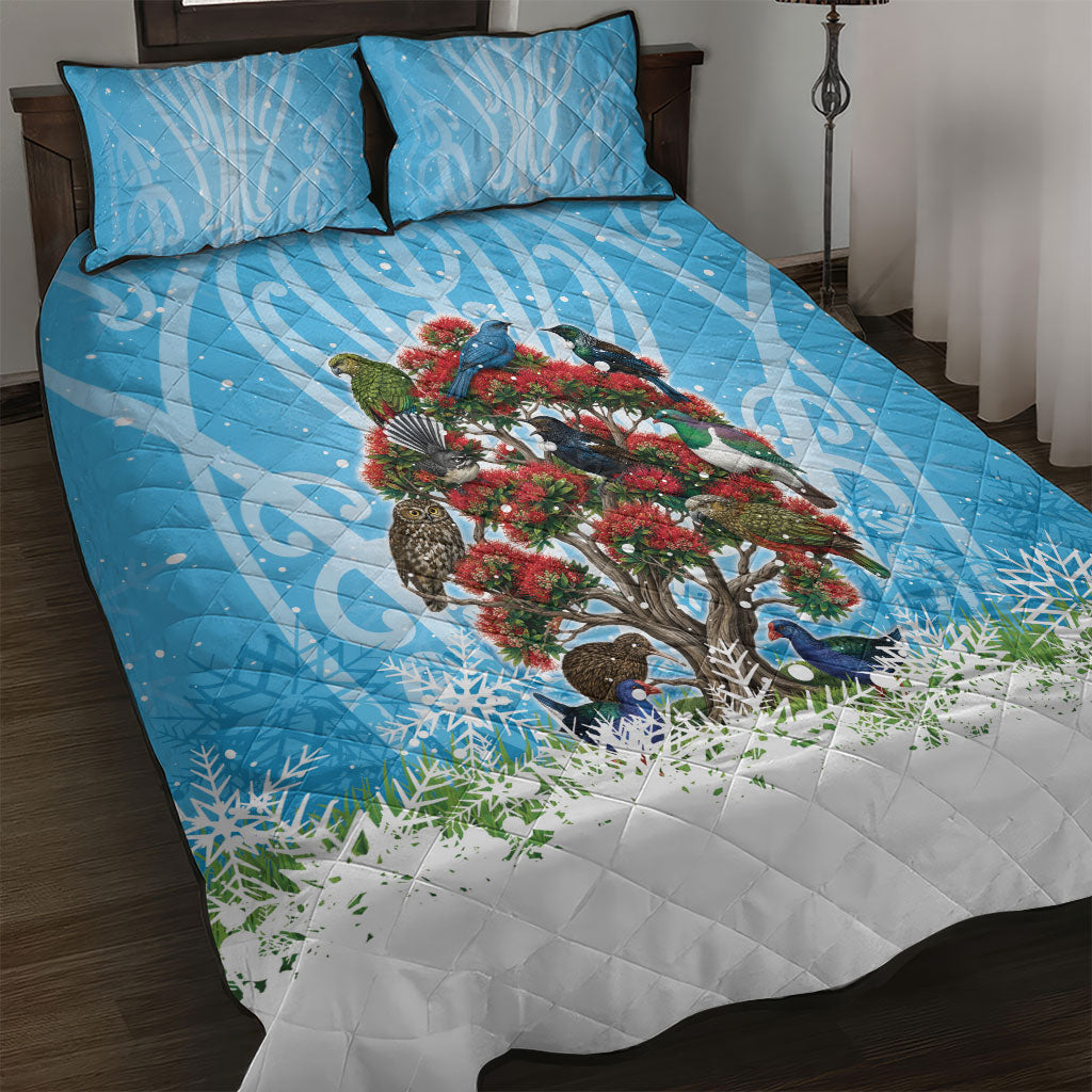 New Zealand Birds Christmas Quilt Bed Set Pohutukawa Xmas Tree LT05 Blue - Polynesian Pride