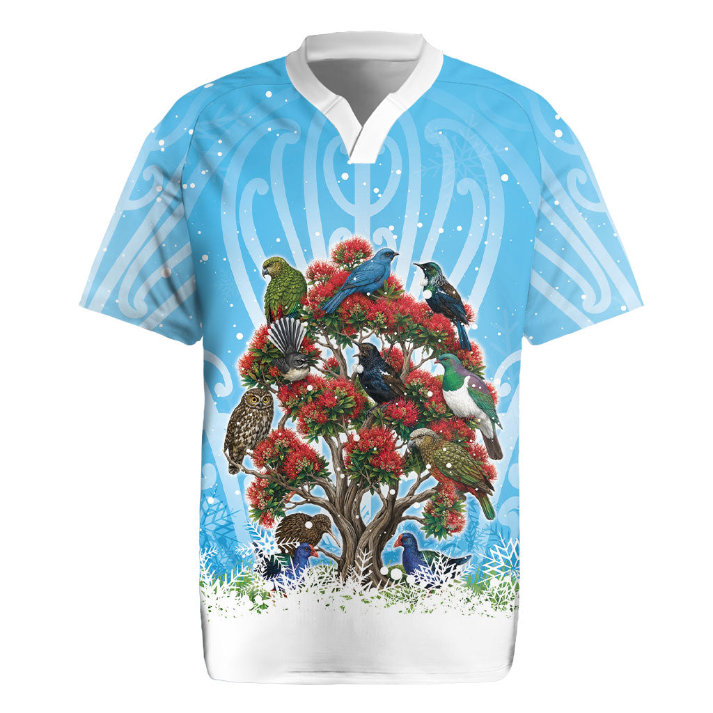 New Zealand Birds Christmas Rugby Jersey Pohutukawa Xmas Tree LT05 Blue - Polynesian Pride