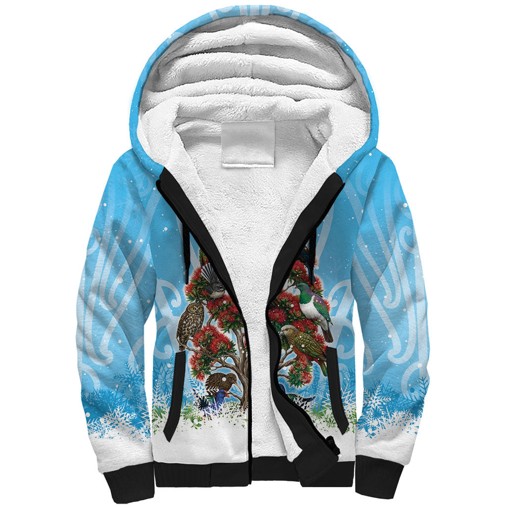 New Zealand Birds Christmas Sherpa Hoodie Pohutukawa Xmas Tree LT05 Unisex Blue - Polynesian Pride