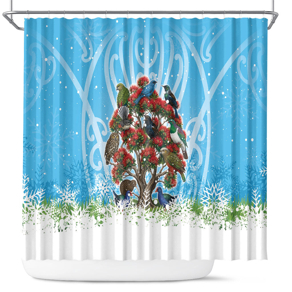 New Zealand Birds Christmas Shower Curtain Pohutukawa Xmas Tree LT05 Blue - Polynesian Pride