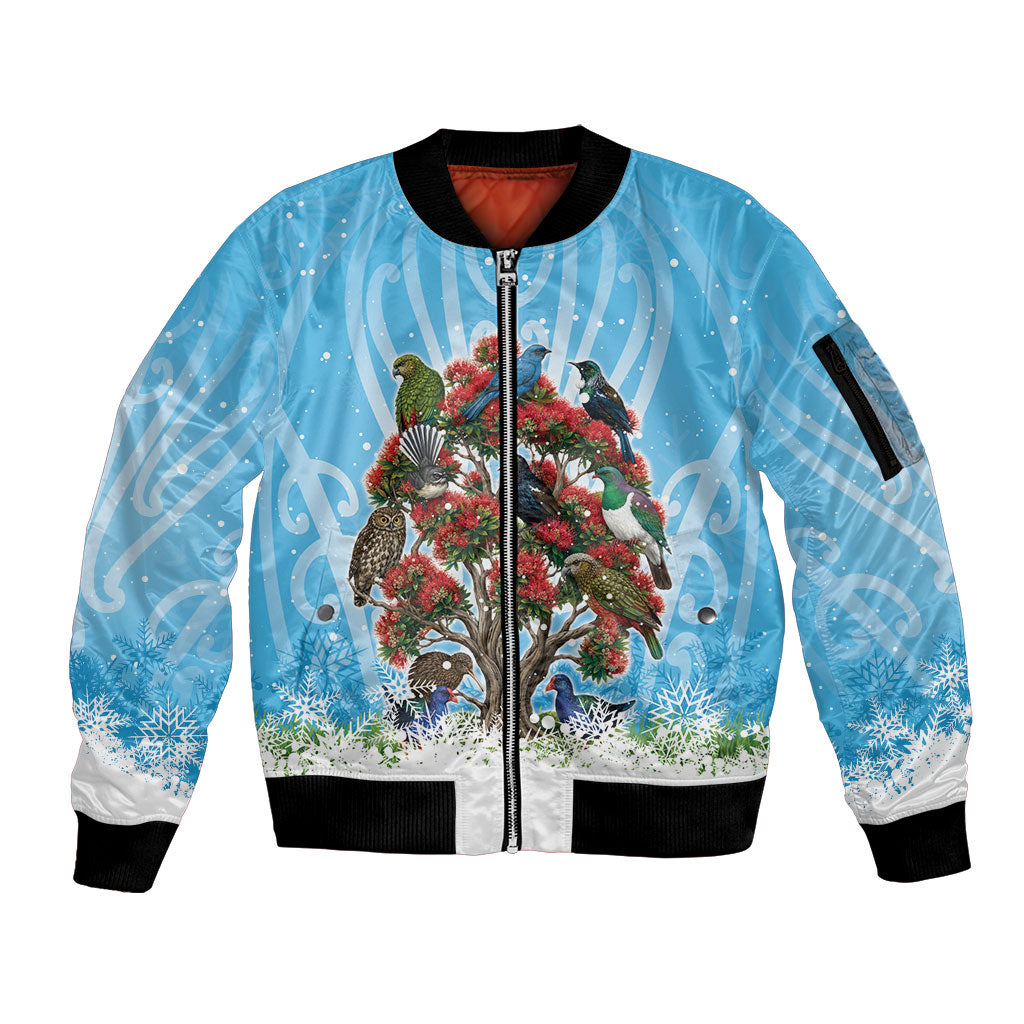 New Zealand Birds Christmas Sleeve Zip Bomber Jacket Pohutukawa Xmas Tree LT05 Unisex Blue - Polynesian Pride