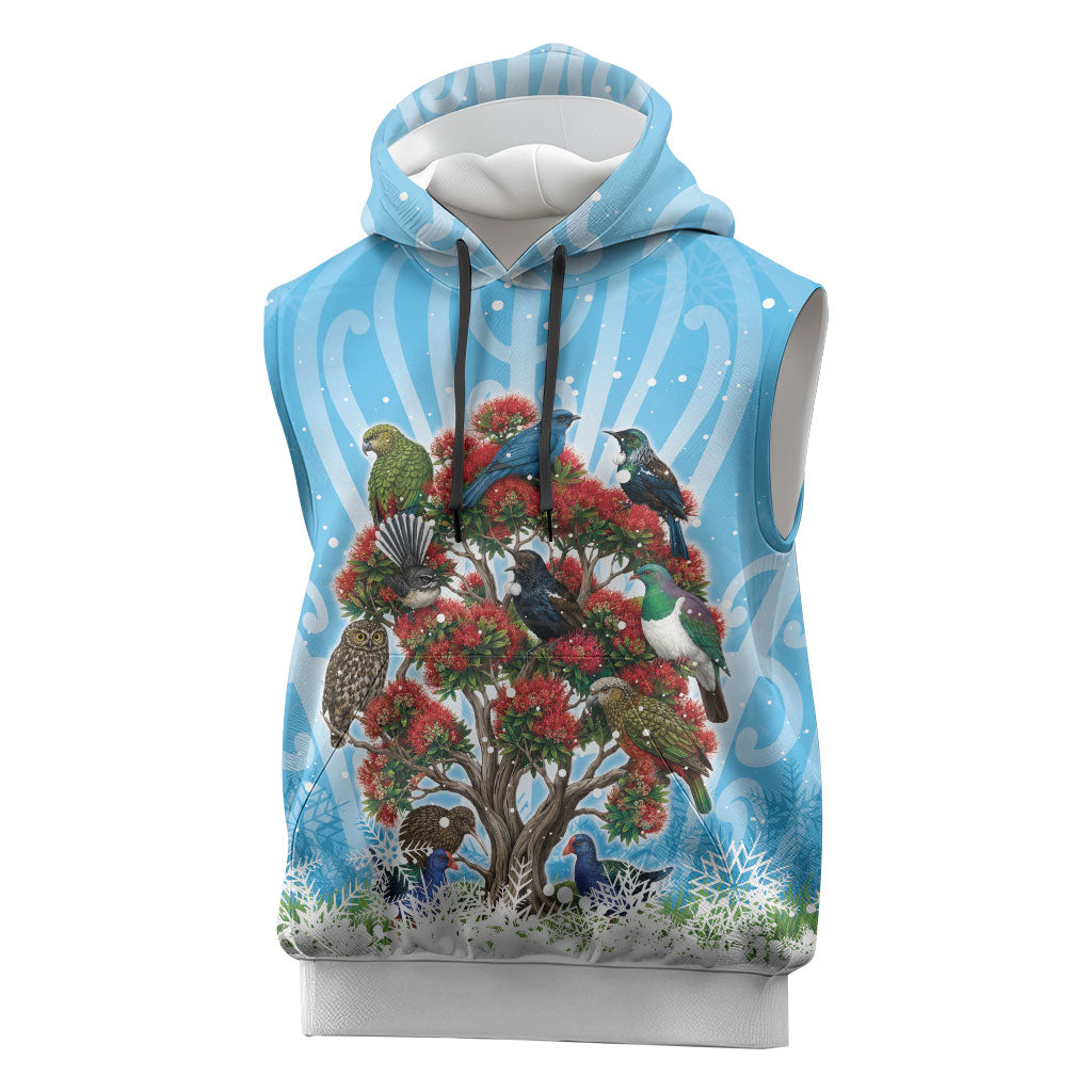 New Zealand Birds Christmas Sleeveless Hoodie Pohutukawa Xmas Tree LT05 Blue - Polynesian Pride