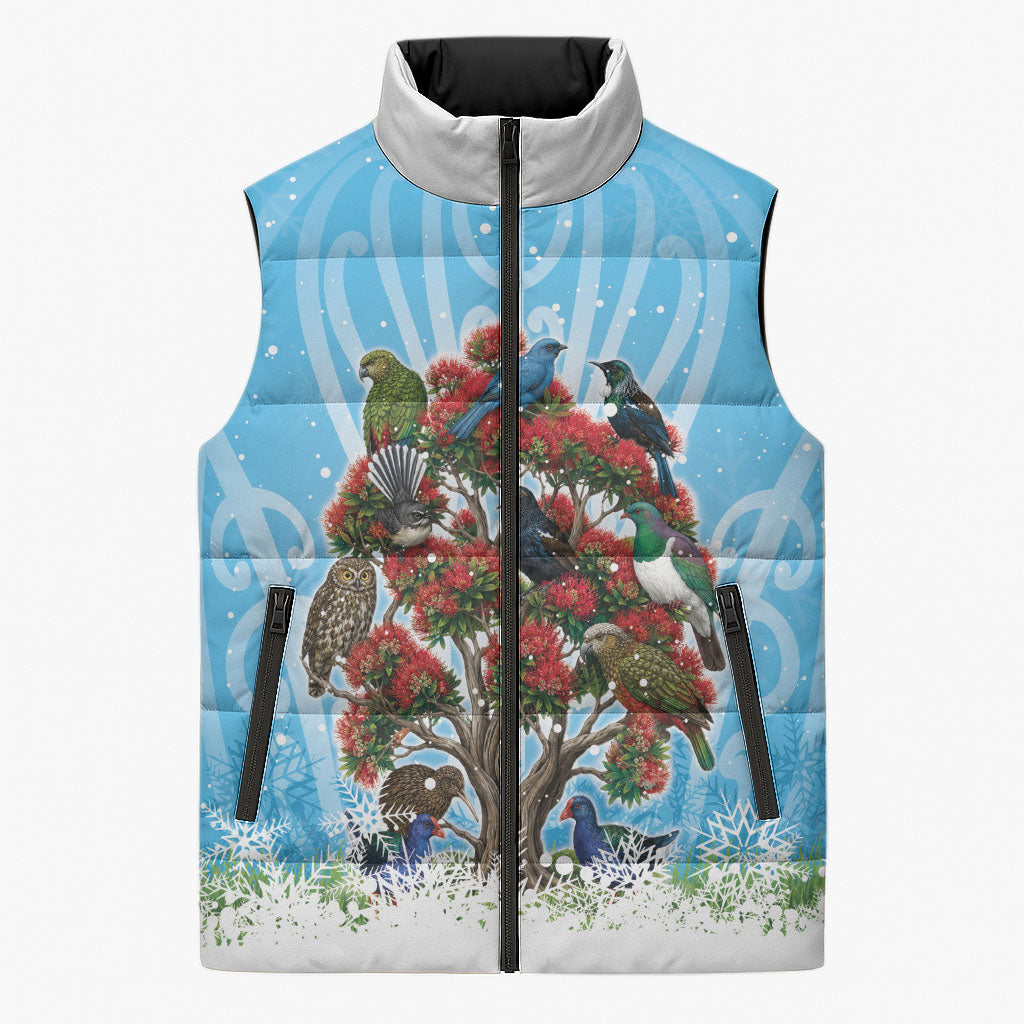 New Zealand Birds Christmas Sleeveless Puffer Jacket Pohutukawa Xmas Tree LT05 Unisex Blue - Polynesian Pride