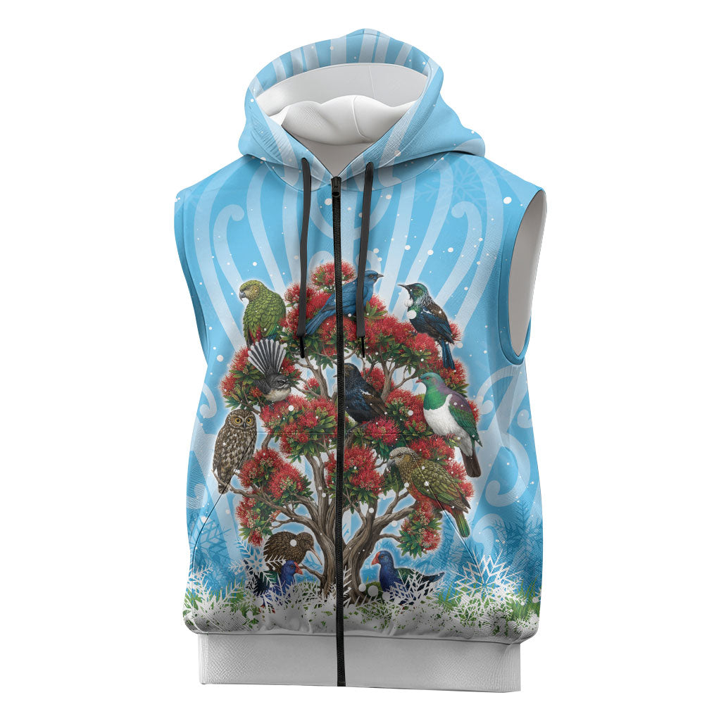 New Zealand Birds Christmas Sleeveless Zip Hoodie Pohutukawa Xmas Tree LT05 Blue - Polynesian Pride