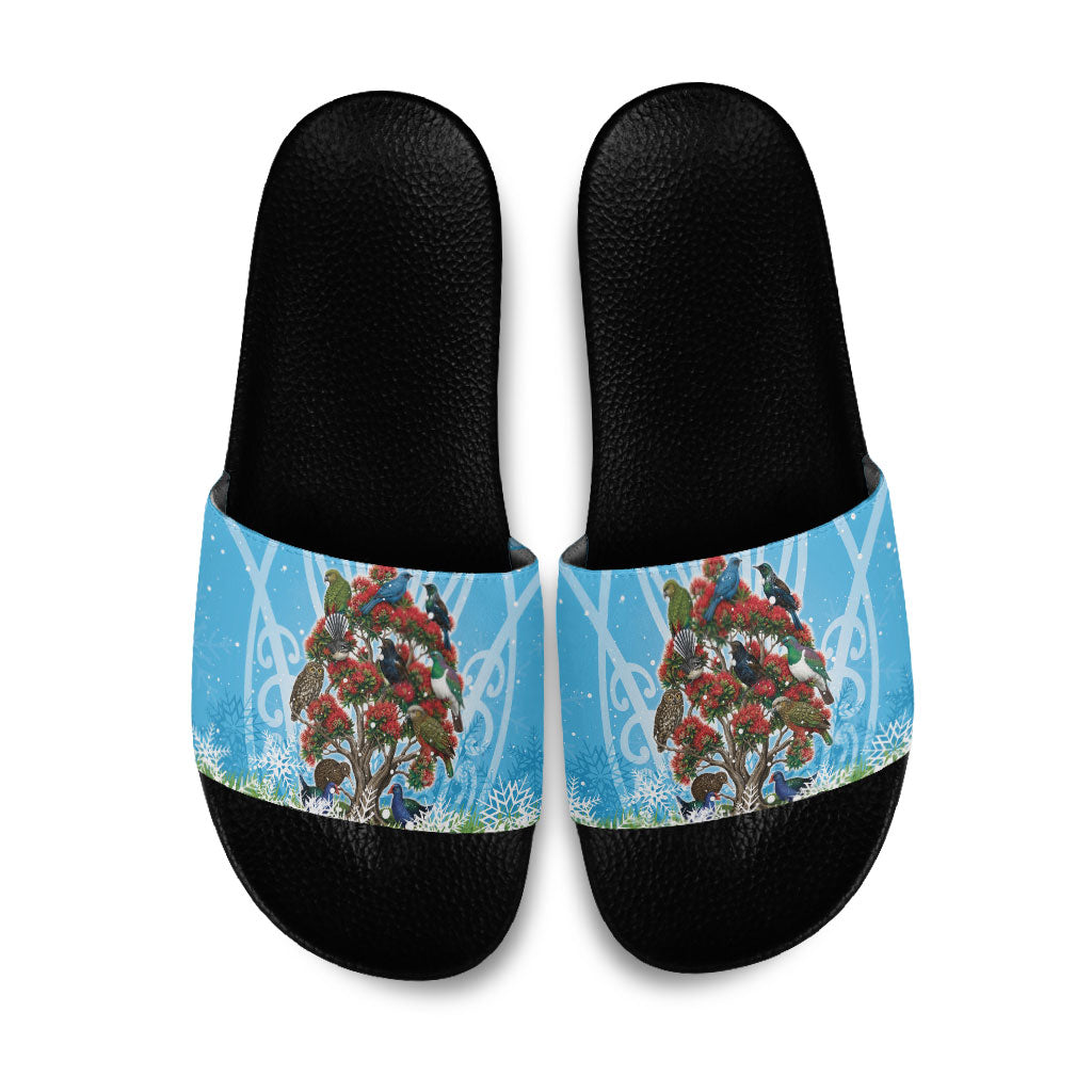 New Zealand Birds Christmas Slide Sandals Pohutukawa Xmas Tree LT05 Blue - Polynesian Pride