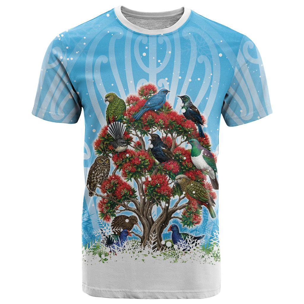 New Zealand Birds Christmas T Shirt Pohutukawa Xmas Tree LT05 Blue - Polynesian Pride