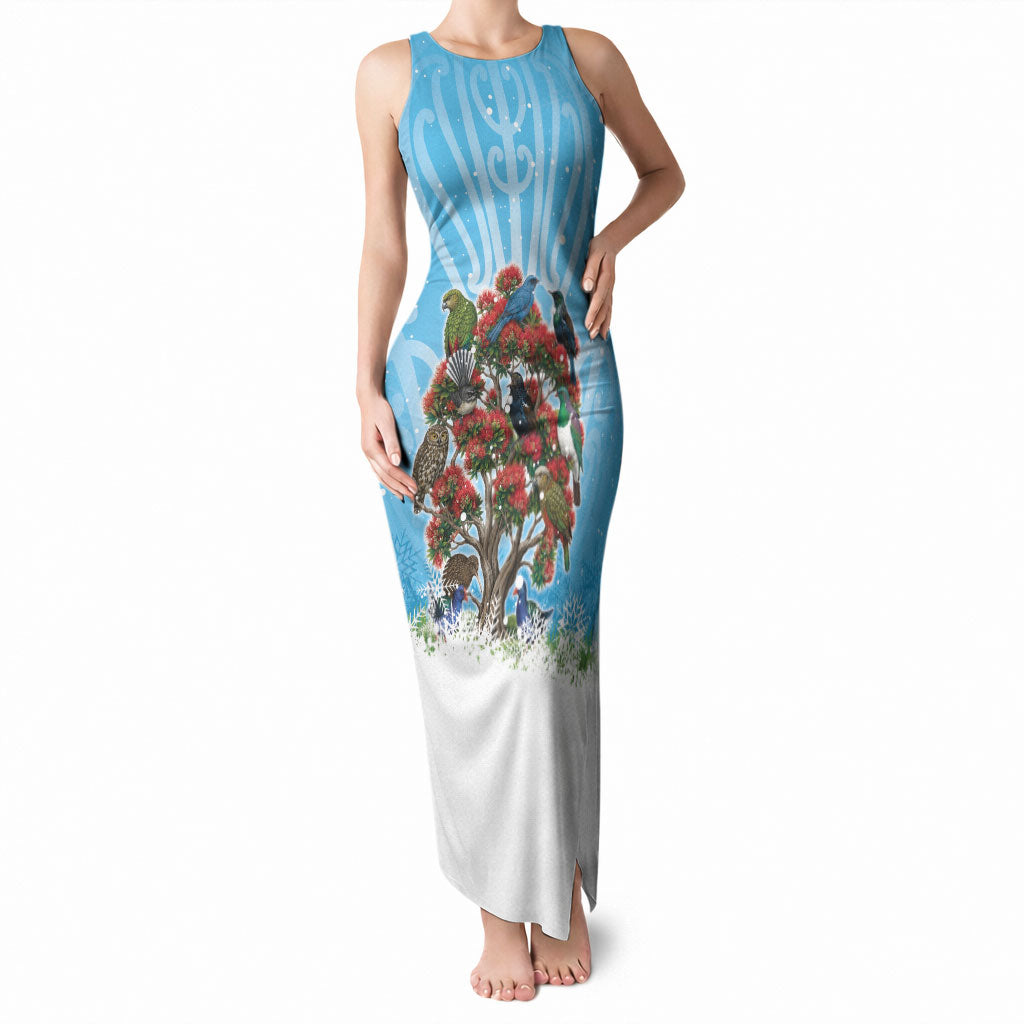 New Zealand Birds Christmas Tank Maxi Dress Pohutukawa Xmas Tree LT05 Women Blue - Polynesian Pride