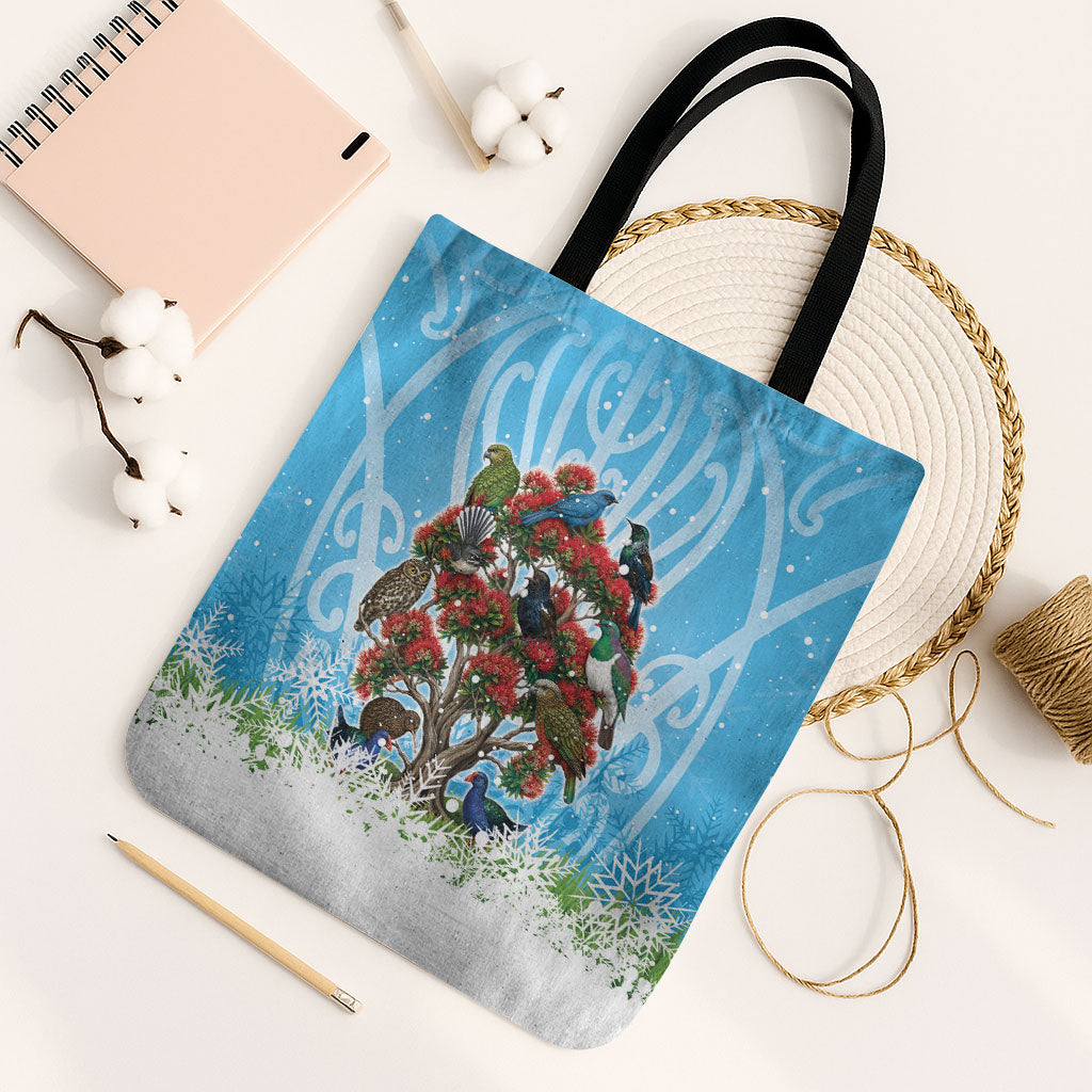 New Zealand Birds Christmas Tote Bag Pohutukawa Xmas Tree LT05 Black Strap One Size Blue - Polynesian Pride