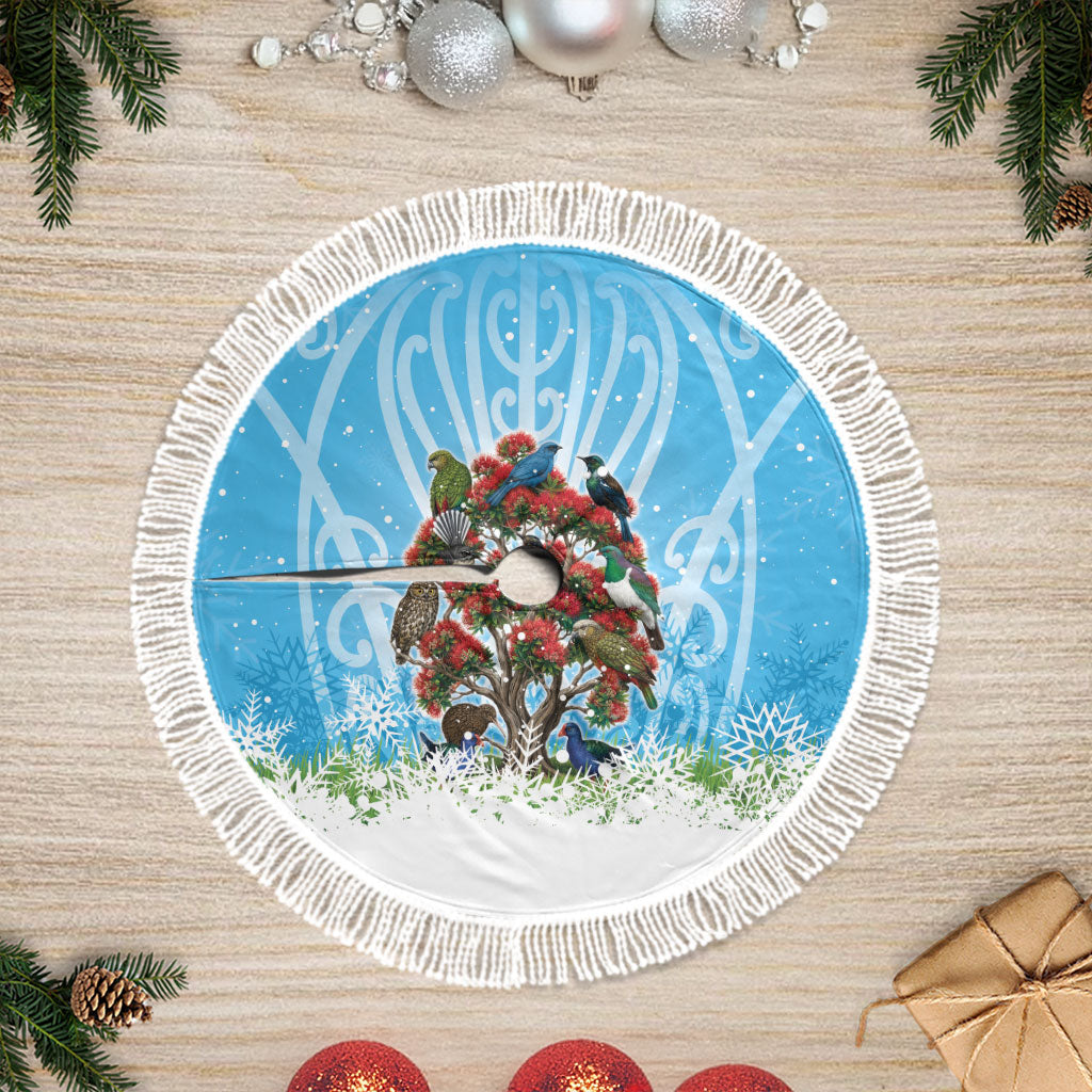 New Zealand Birds Christmas Tree Skirt Pohutukawa Xmas Tree LT05 Fringed Blue - Polynesian Pride