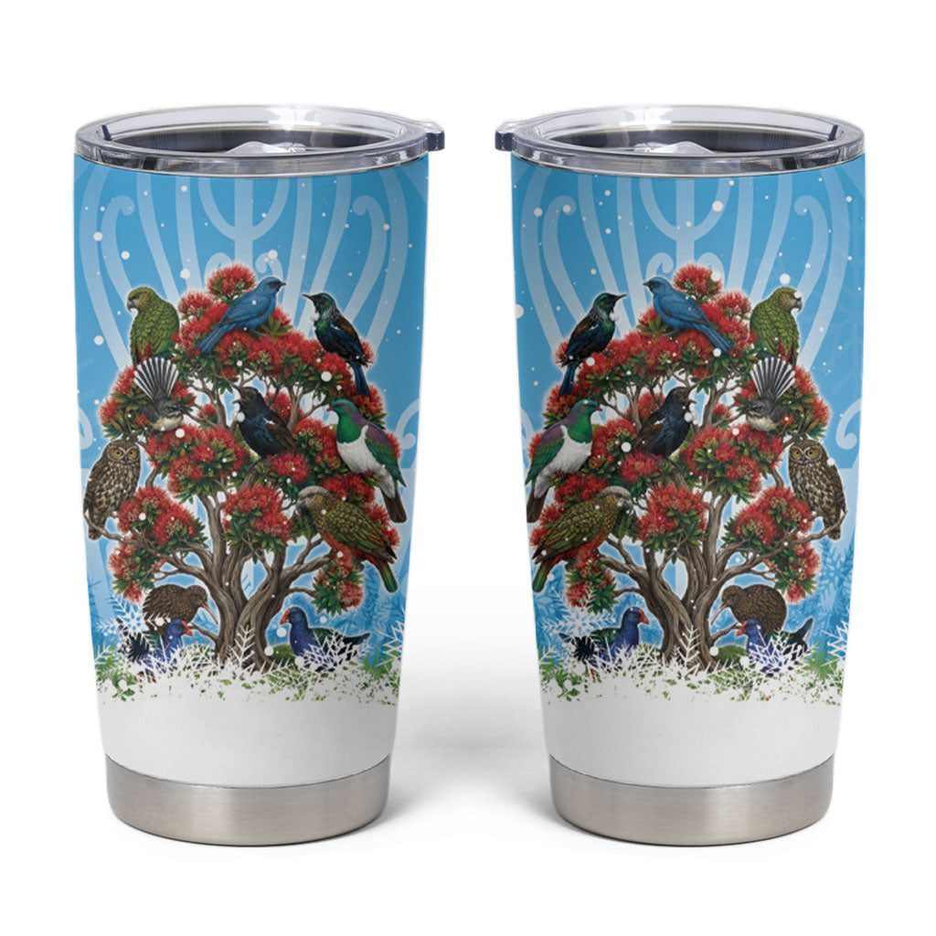 New Zealand Birds Christmas Tumbler Cup Pohutukawa Xmas Tree LT05 Blue - Polynesian Pride