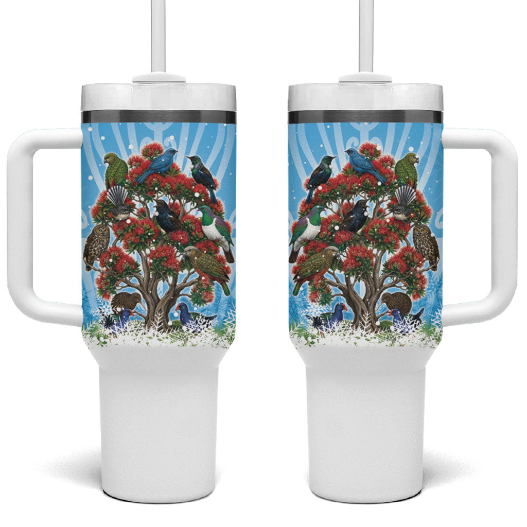 New Zealand Birds Christmas Tumbler With Handle Pohutukawa Xmas Tree LT05 One Size: 40 oz Blue - Polynesian Pride