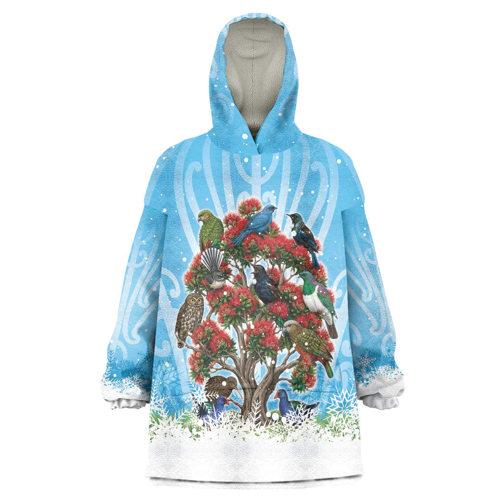 New Zealand Birds Christmas Wearable Blanket Hoodie Pohutukawa Xmas Tree LT05 One Size Blue - Polynesian Pride