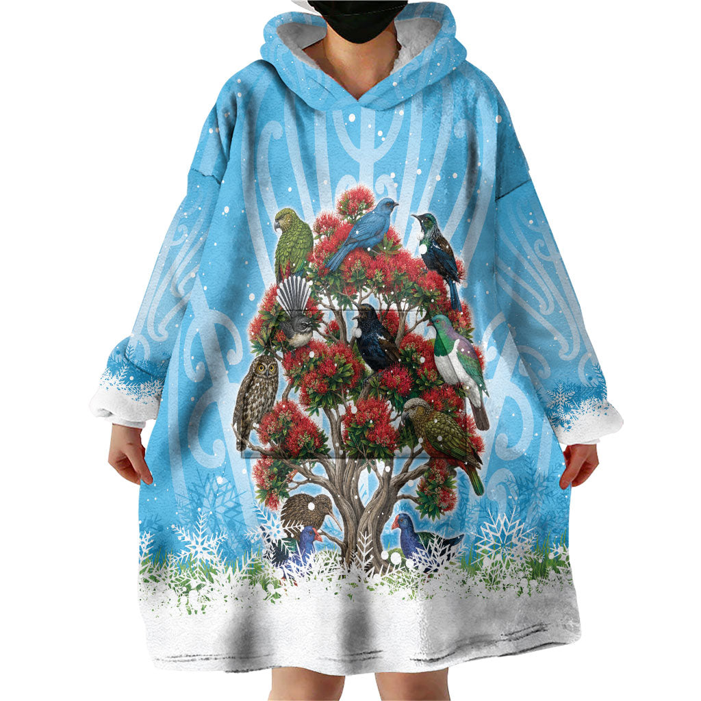 New Zealand Birds Christmas Wearable Blanket Hoodie Pohutukawa Xmas Tree