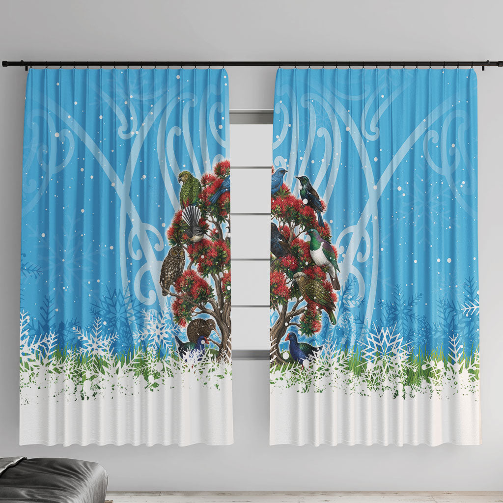 New Zealand Birds Christmas Window Curtain Pohutukawa Xmas Tree LT05 With Hooks Blue - Polynesian Pride