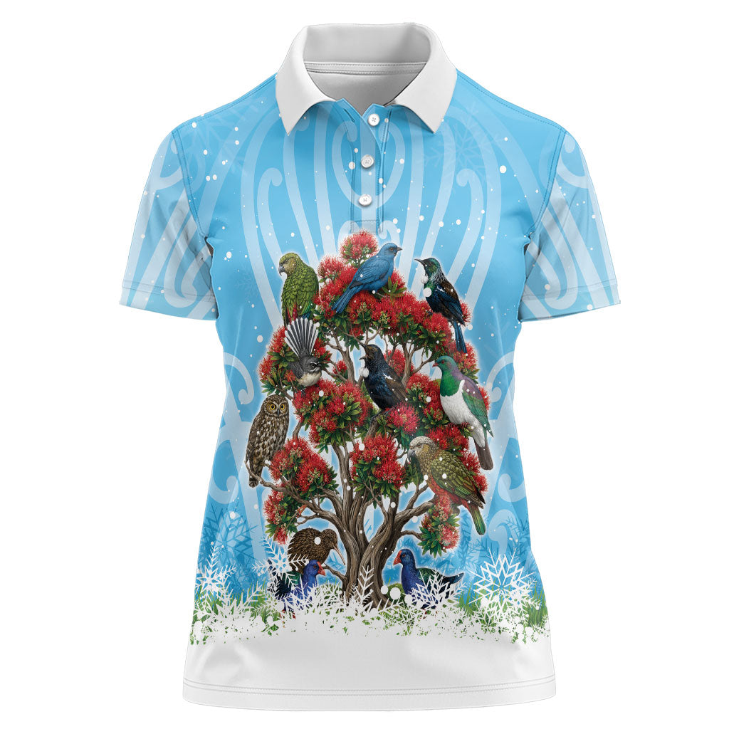 New Zealand Birds Christmas Women Polo Shirt Pohutukawa Xmas Tree LT05 Female Blue - Polynesian Pride