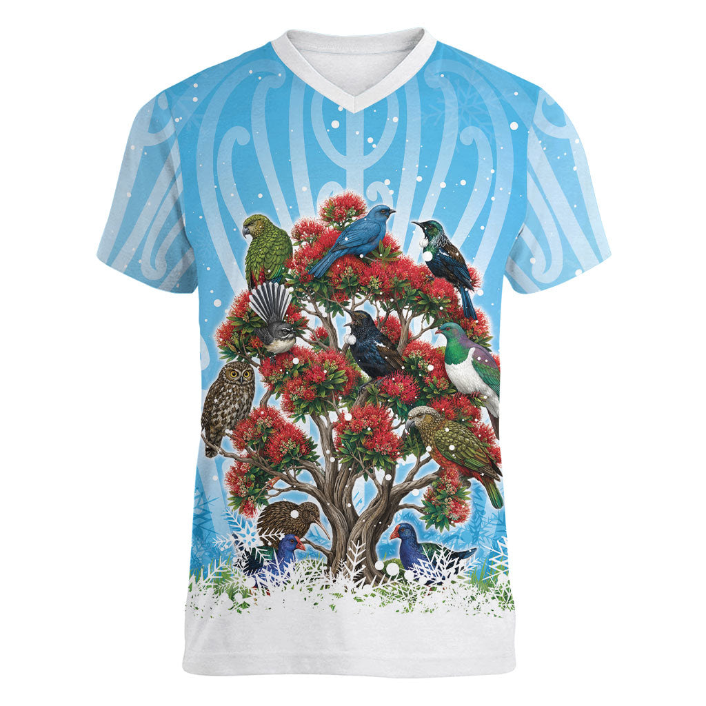 New Zealand Birds Christmas Women V-Neck T-Shirt Pohutukawa Xmas Tree LT05 Female Blue - Polynesian Pride