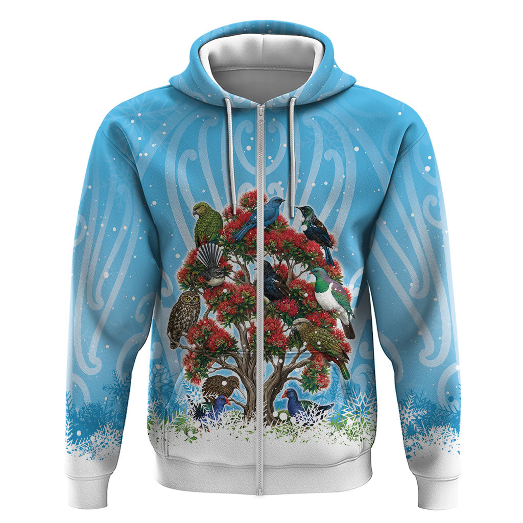 New Zealand Birds Christmas Zip Hoodie Pohutukawa Xmas Tree LT05 Zip Hoodie Blue - Polynesian Pride