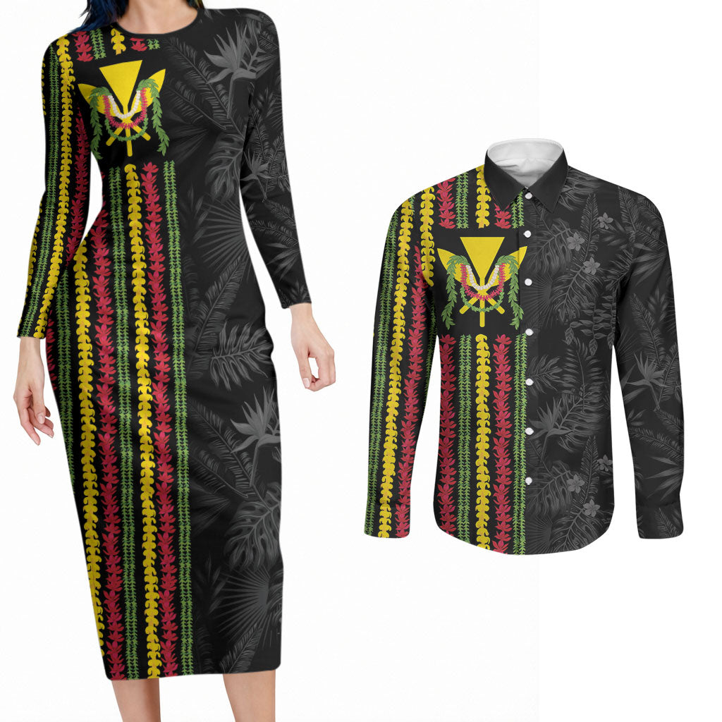 Hawaii Lei Kanaka Maoli Flag Couples Matching Long Sleeve Bodycon Dress and Long Sleeve Button Shirt Tropical Vibes LT05 Black - Polynesian Pride