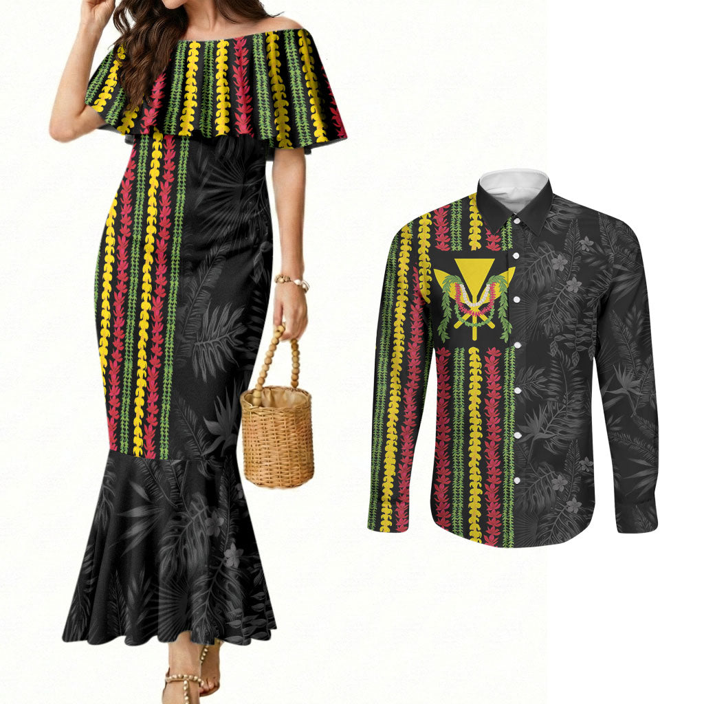 Hawaii Lei Kanaka Maoli Flag Couples Matching Mermaid Dress and Long Sleeve Button Shirt Tropical Vibes LT05 Black - Polynesian Pride