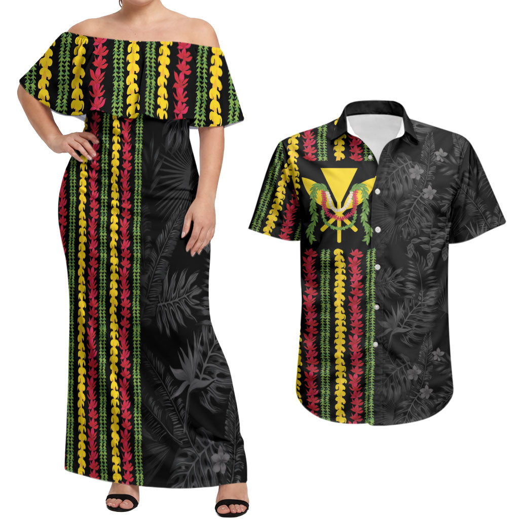 Hawaii Lei Kanaka Maoli Flag Couples Matching Off Shoulder Maxi Dress and Hawaiian Shirt Tropical Vibes LT05 Black - Polynesian Pride