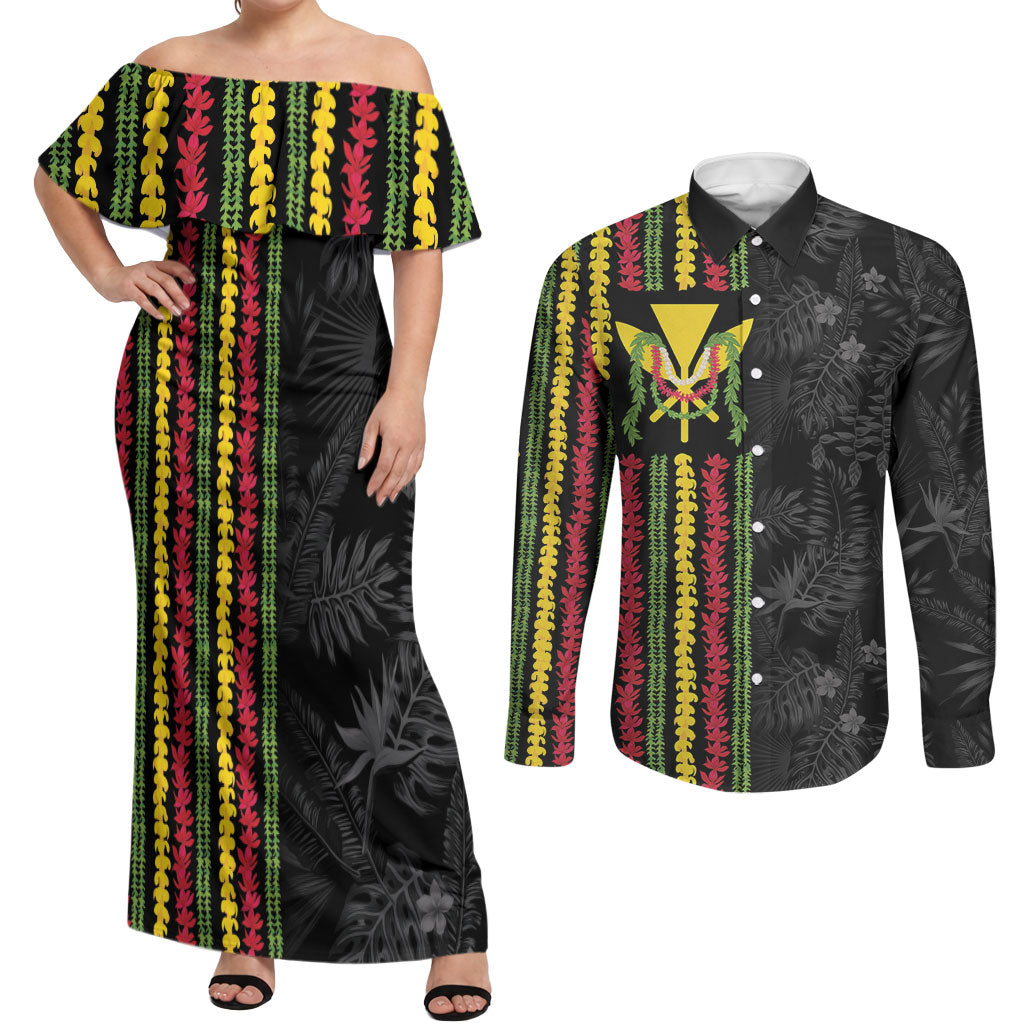 Hawaii Lei Kanaka Maoli Flag Couples Matching Off Shoulder Maxi Dress and Long Sleeve Button Shirt Tropical Vibes LT05 Black - Polynesian Pride