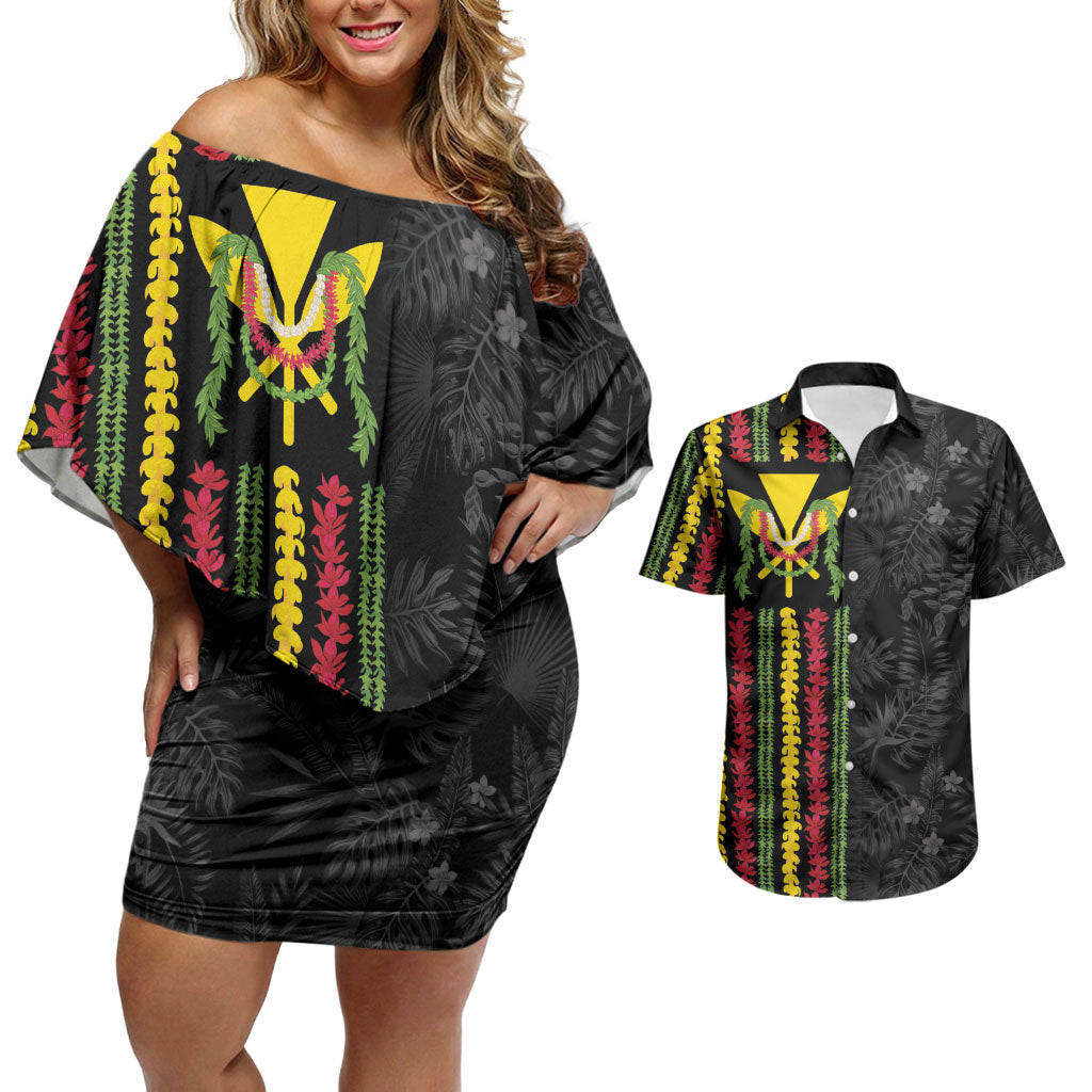 Hawaii Lei Kanaka Maoli Flag Couples Matching Off Shoulder Short Dress and Hawaiian Shirt Tropical Vibes LT05 Black - Polynesian Pride